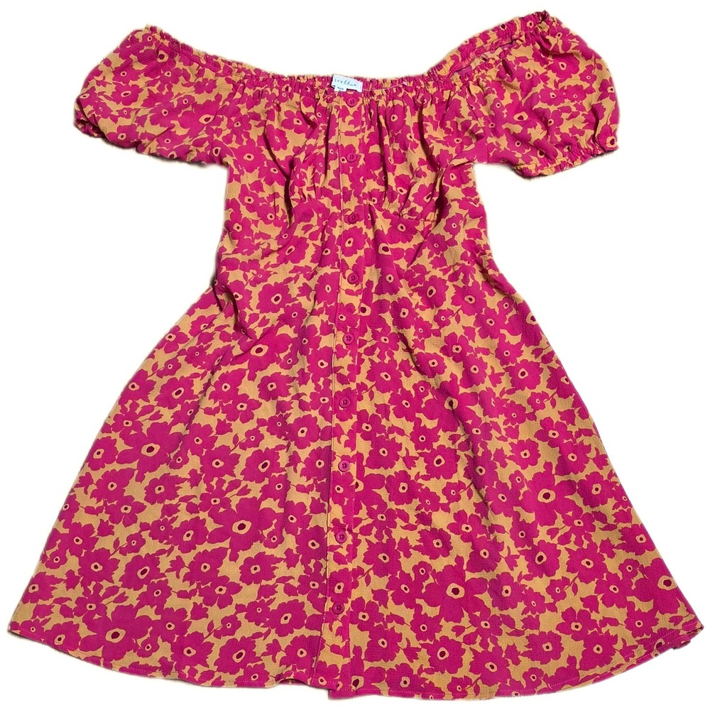 Bailey Blue Off Shoulder Dress Girl's Size XL Pink‎ Tan Floral Smocked  NWOT